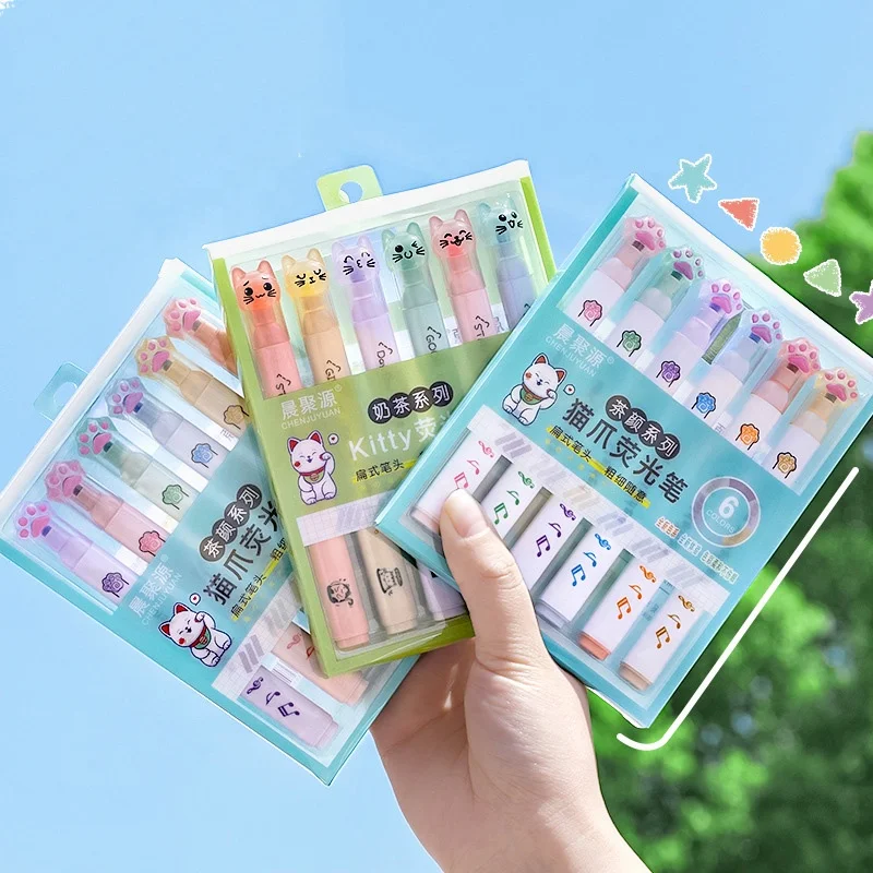 

2023 New creative 6 color cartoon kawaii cat paw highlighter pen set for kids