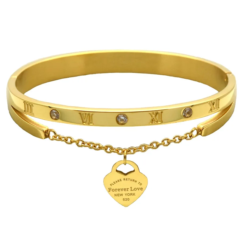 

Valentines Gift Roman Numeral Heart Crystal Stainless Steel Charm Gold Filled Bangle Women