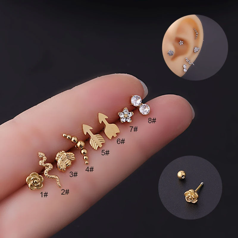 

20G Wholesale Rose Flower Snake Design Piercing Gun Screw Back Piercing Earrings Titanium