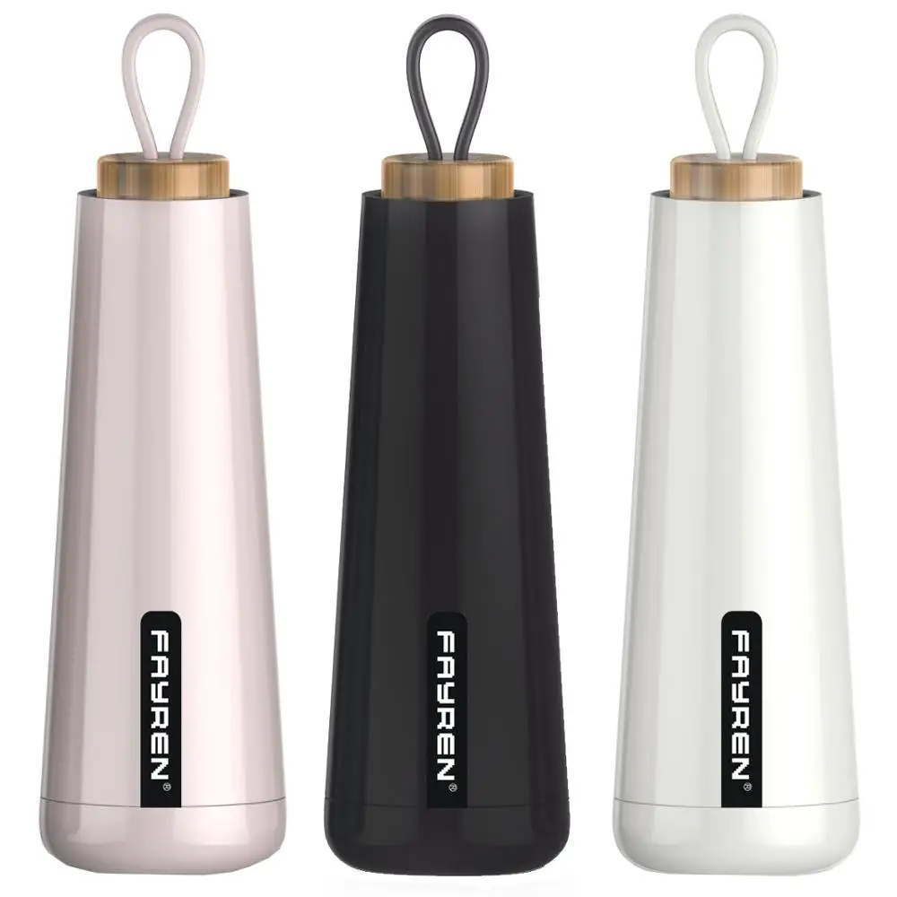 

Fayren Unique Shape Silicone Handle Vacuum Insulated Thermos Stainless Steel Water Bottle with Wood Lid, Customized color acceptable
