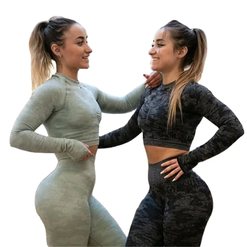 

Wholesale New Fashion Women Camo Seamless Long Sleeve Back Hole Yoga Top Sports Gymwear Workout Set