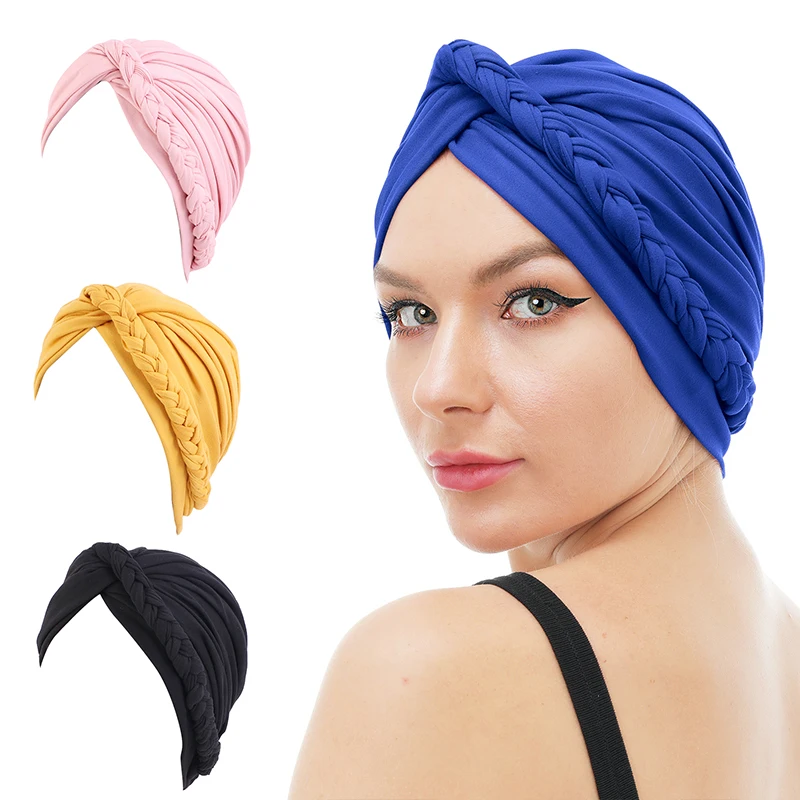 

New Women Turban Braided Winding Muslim Scarf Indian Africa Scarf Turban Headdress Hats Turban Head Wrap Hair Bonnet