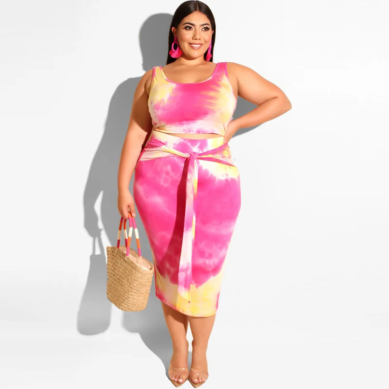 

Women Clothes Sexy Dye Print Plus Size Two Piece Set Summer Plus Size Dress Skirts 2020, As picture