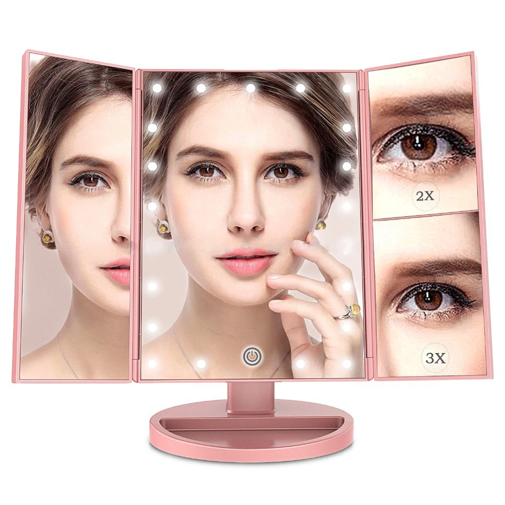 

foldable 360 degree cosmetic tools kit varieties colors optional magnifying detail makeup mirror with lights trifold