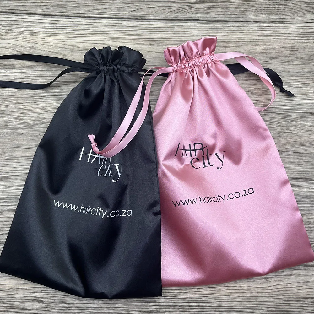 

Luxury Custom Logo Drawstring Satin Dust Bag Hair Extensions Silk Satin Drawstring Dust Hair Bundle Packaging Bag