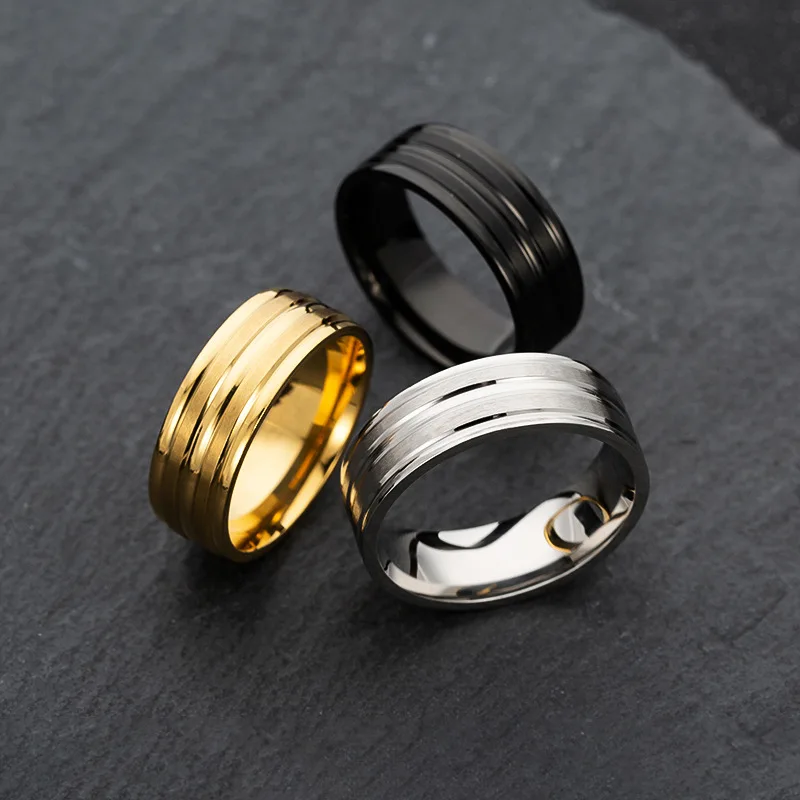

Trendy 8MM Titanium Steel Sand Surface Frosted Three Groove Ring Domed Grooved Brushed Band Ring
