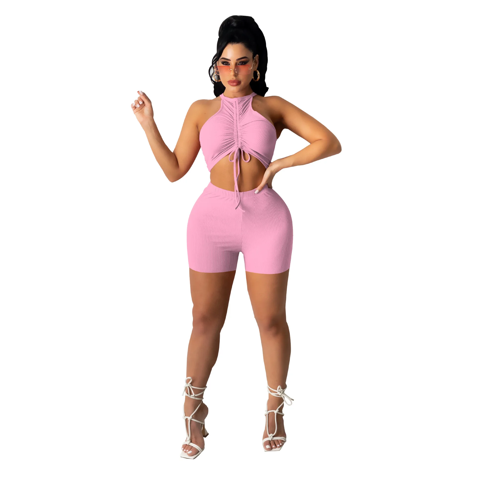 

Summer Two Piece Clothing Set Women Drawstring Top And Shorts Pants Ruched Shorts Set 2 Piece Sets Ribbed Womens Outfits, White, pink, red, black, khaki