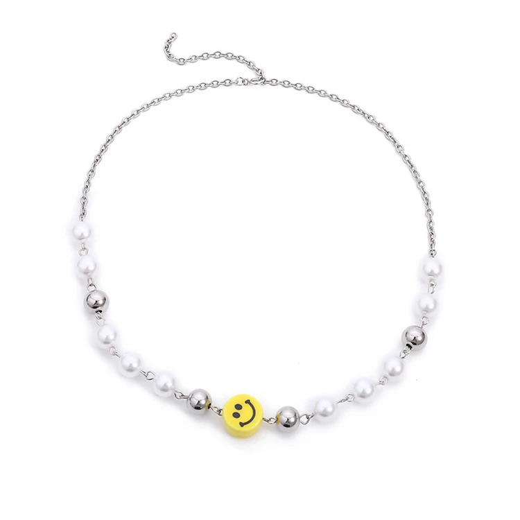 

VRIUA Cute Smiley Face Imitation Pearl Stainless Steel Round Beads Link Clavicle Chain Adjustable New Women Men Jewelry Necklace
