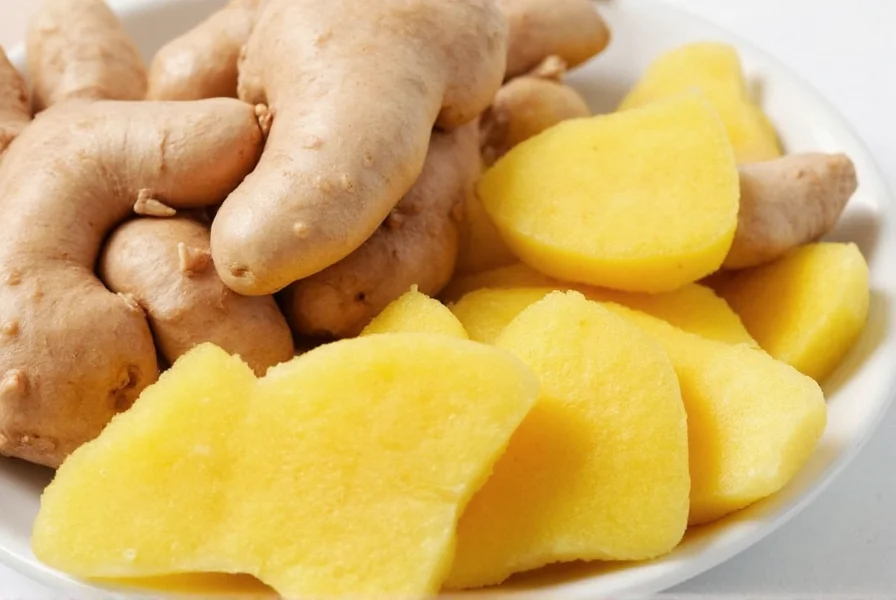 Close-up comparison of Thai ginger rhizomes showing pale yellow flesh versus standard ginger's deeper yellow color