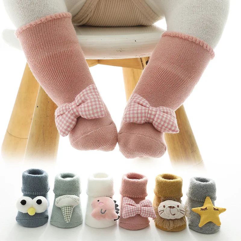 

2021 Wholesale Thick Terry Toddlers Baby Grip Floor Socks Warm Cotton 3d Animal Cartoon Cute Anti Slip Baby Socks for Babies, 6 colors