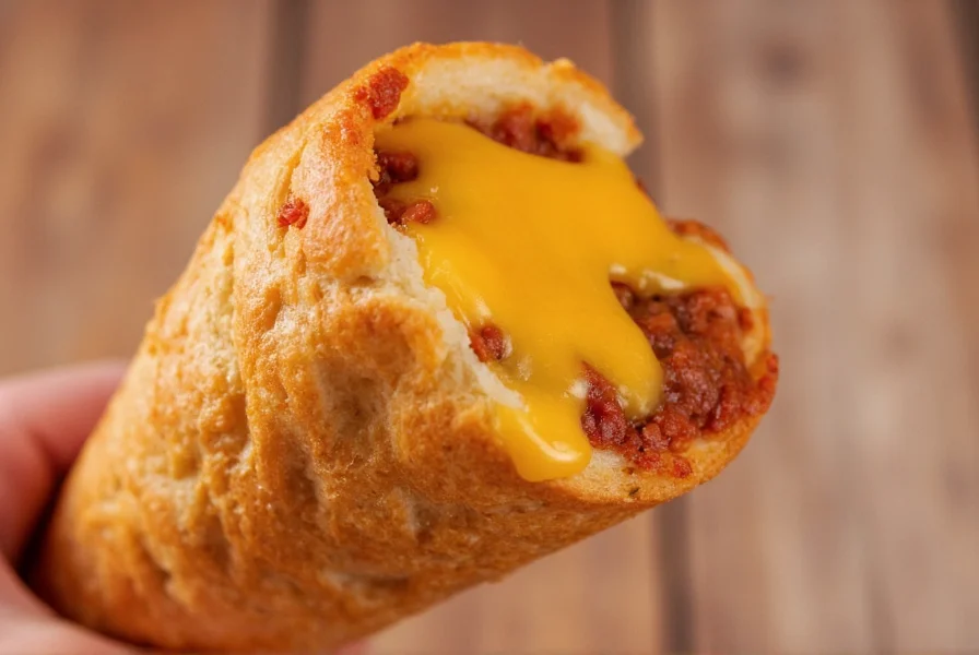 Close-up photo of Nick's Chili signature cheese cone showing melted cheese and meat sauce filling a hollowed bread cone