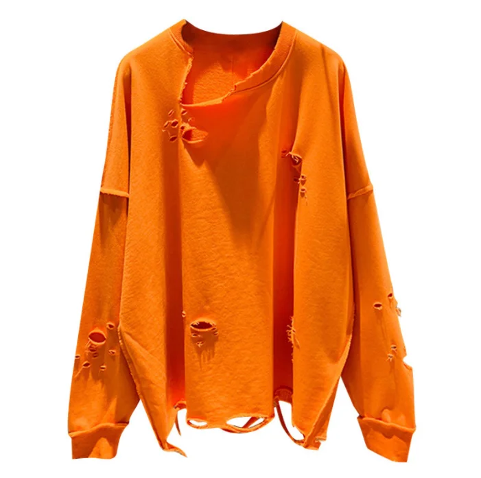 

2022 new Korean style ripped sweater loose round neck mid-length long-sleeved top