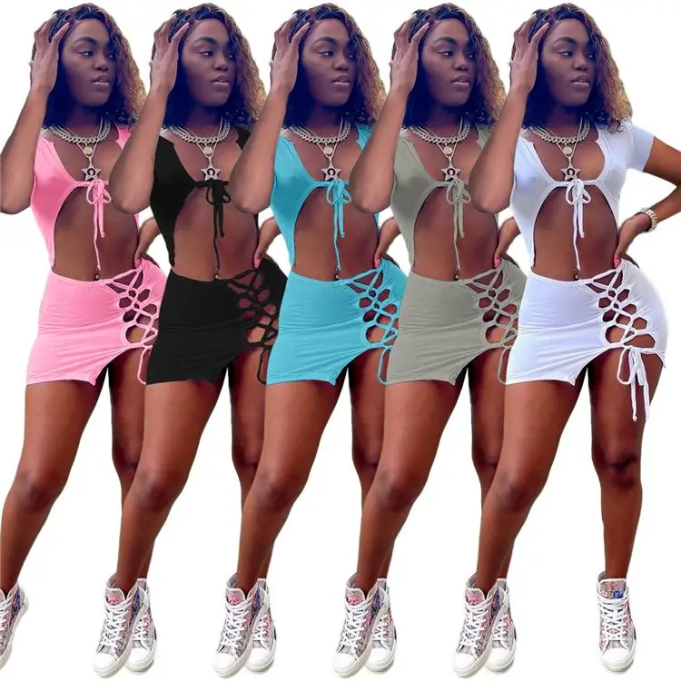 

Best Design Women Fashion Clothing Sexy Hollow Out Solid Color Bandage Women Skirt Set 2 Piece Outfits