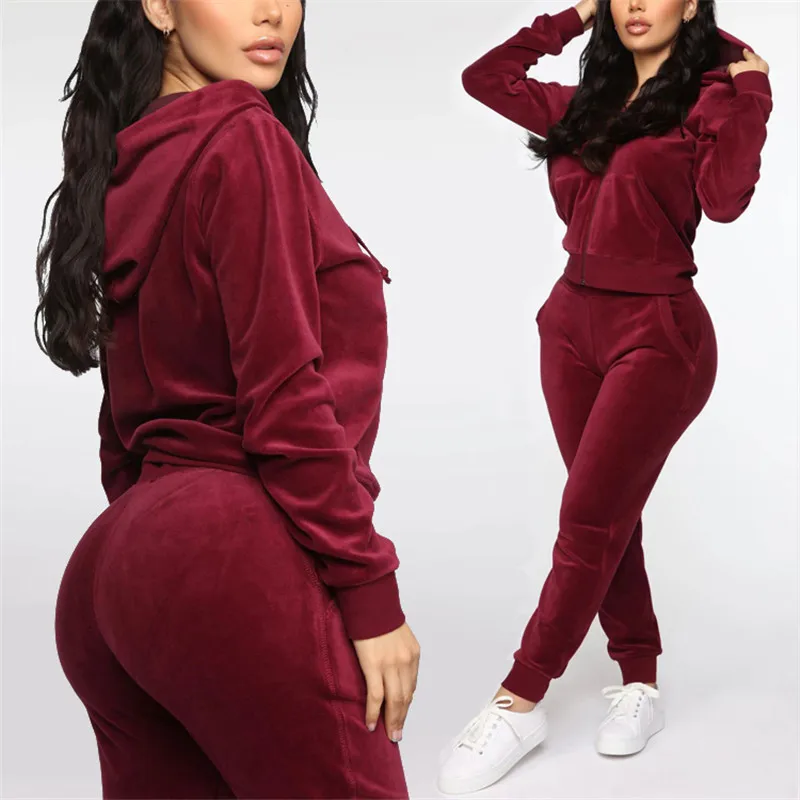 

New Long Sleeve Active Jogger Suit Training Sweatsuit Women Fitted Velour Hooded velvet Tracksuits