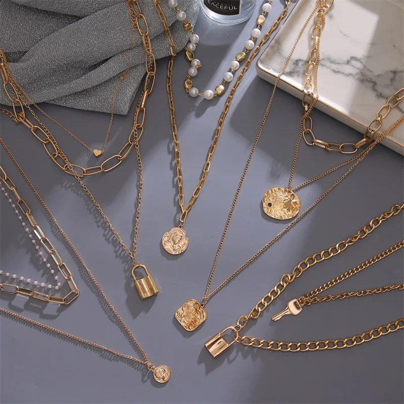 

Vintage Multi Layered Women's Necklaces Pearl Round Coin Gold Necklaces Bohemia Fashion Long pendant Necklace 2021 Jewelry