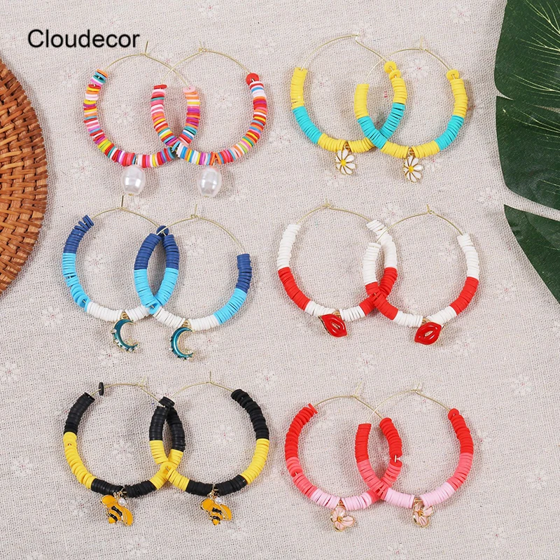 

Colorful Polymer Clay Earring Handmade Chunky Big Bead Hoop Earrings Women Flower Red lips Moon Thick Gold Bee Rainbow Charms