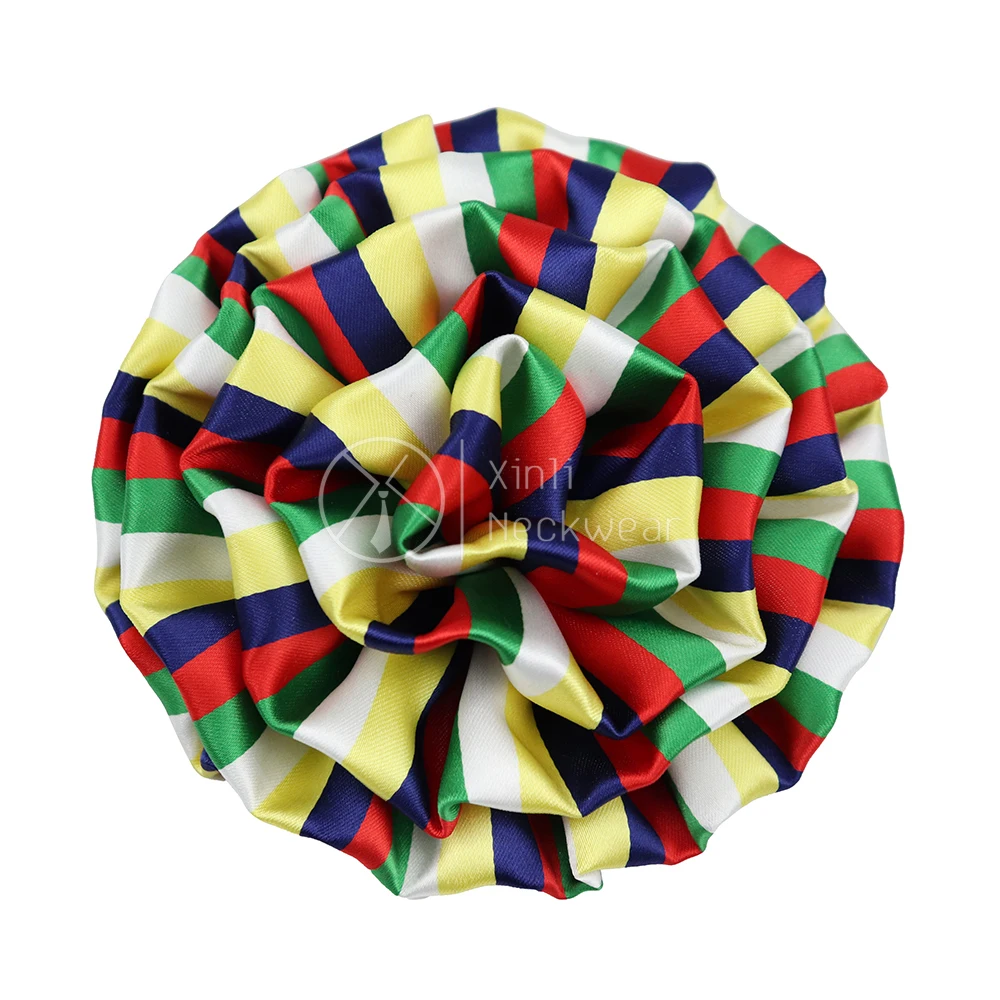 

Hot Selling Ladies Polyester Sorority Corsage Lapel Pins Custom Colorful Rainbow Striped Satin Fabric Flower Brooches Women
