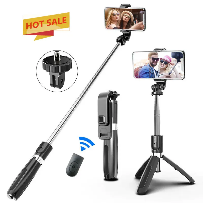 

L02 1m Mini Handheld Adaptable Foldable Gopro Selfie Stick Wireless Remote Controller Tripod For Live Streaming, Black, white