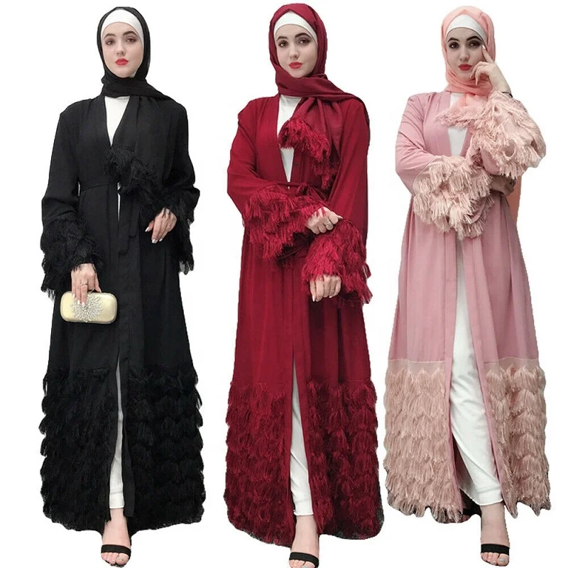 

Wholesale tassel abaya open jilbab muslim cardigan maxi dress women winter kimono kaftan, Pink,wine red, black