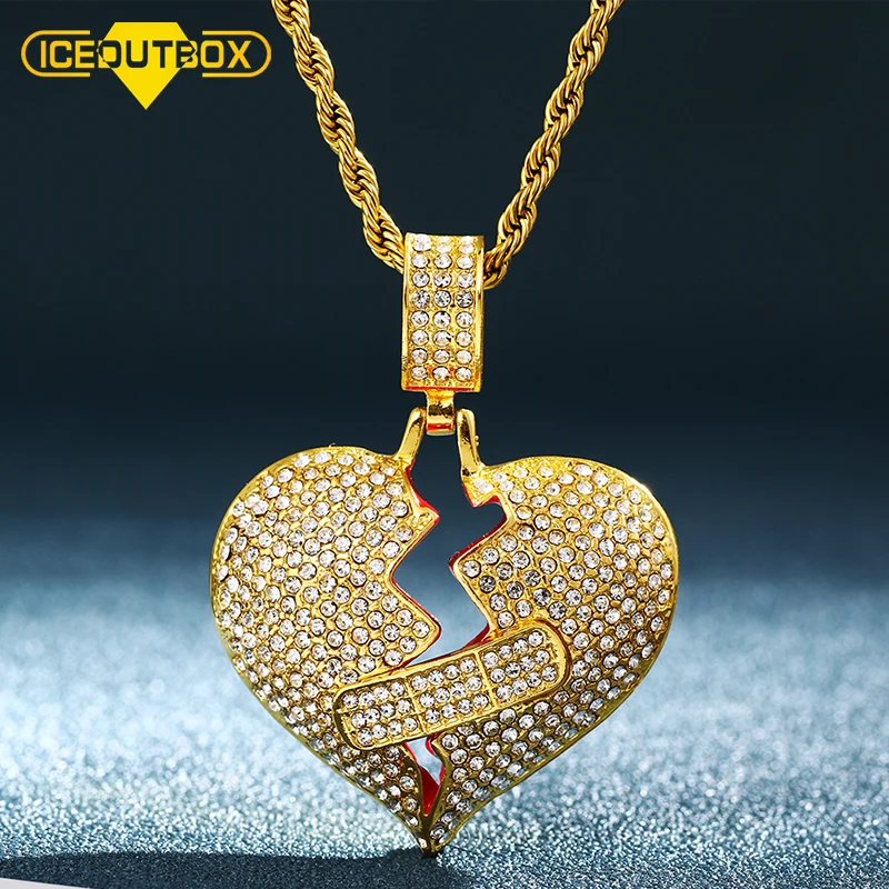 

New Broken Heart Pendant Necklace Gold Silver Color Zirconia Hip Hop Necklace with Rope chain for Men Jewelry, Silver gold