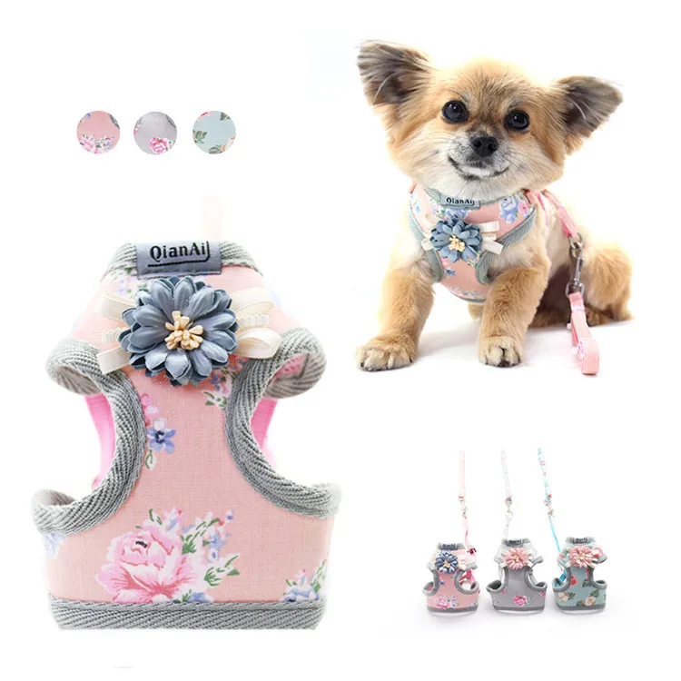 

Skin-friendly summer cute floral small and medium pet dog cat chest harness leash, Pink, blue, gray