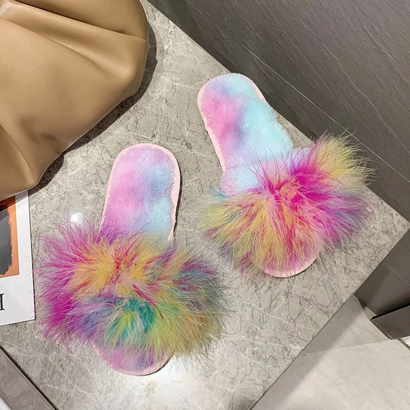 

Ladies Slippers 2021 Fashionable Fuzzy Sandals Indoor And Outdoor Casual Faux Fox Fur Tie Dye Slippers