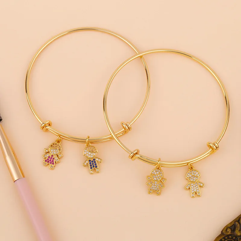 

Popular 18K Genuine Gold Plated Bangles Children Pendant Retractable Adjustable Cubic Zirconia Bracelets, 1 color