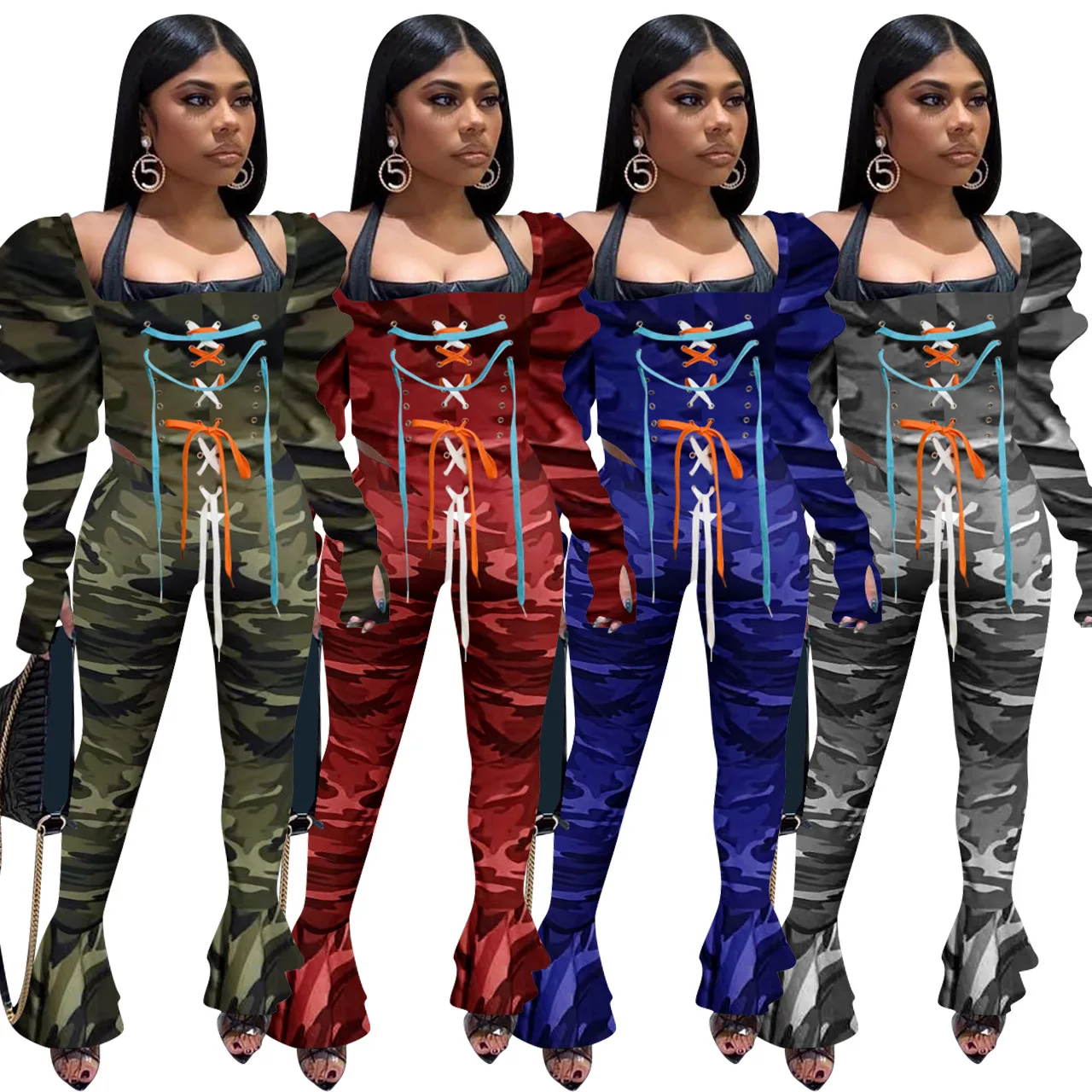 

2021 New Arrivals Women Drawstring Irregular Corset Stacked Sleeve Crop Flare Pants 2 Pieces Set Camouflage Outfits Tracksuit, Picture show