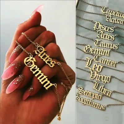 

Vintage Zodiac Sign Letter Necklace For Women Gold Chain Jewelry Gift, Picture