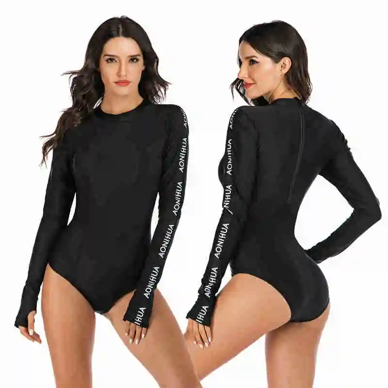 

Fashion Zipper Long Sleeve Padded Bathing Suits One Piece Wrap Black Letter Swimsuit Girls Rash Guard For Surfing
