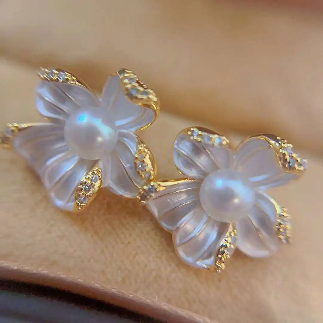 Brushed Pistil Stereo Earrings S925 Silver Needle Allergy Resistant Natural Fresh Water Pearl Earrings Women's Pearl Jewelry