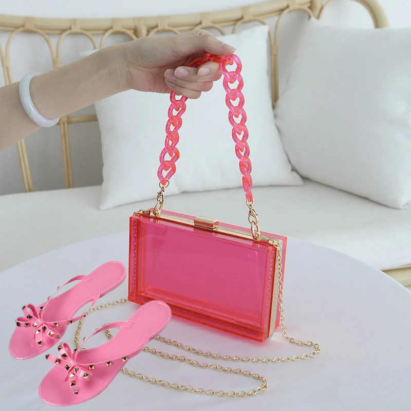 

Colorful transparent ladies purse handbag and rivet jelly sandal shoe matching sets bags with slides flip flop