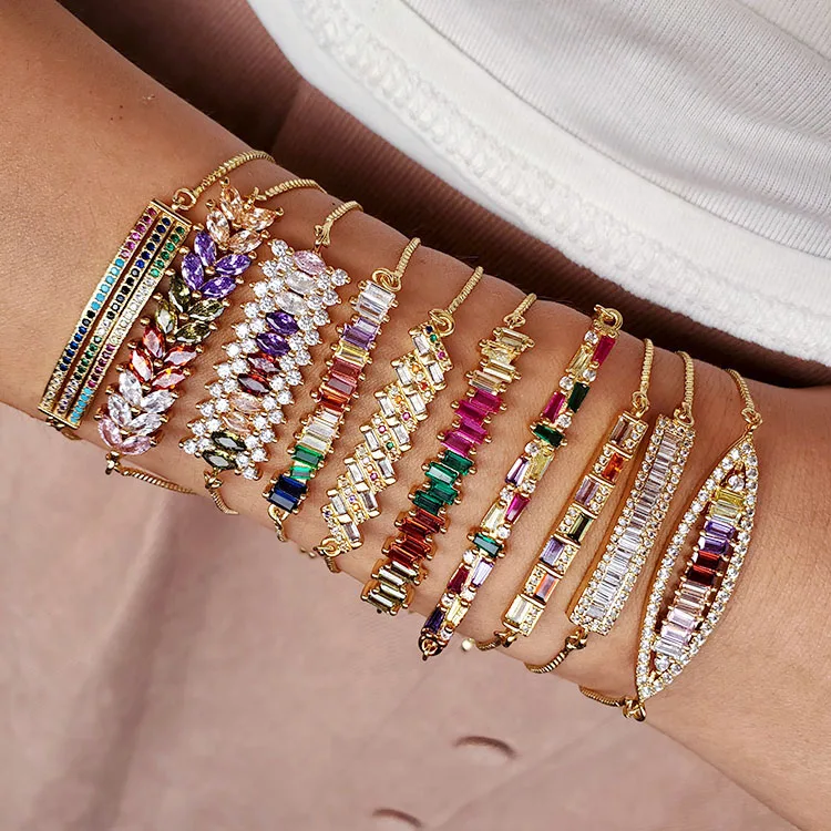 

BC1273 Chic Gold Plated Rainbow Colorful Zircon CZ Mirco Pave Long Bar Side Bracelets for Women Her, Gold/silver/rose gold/gunmetal