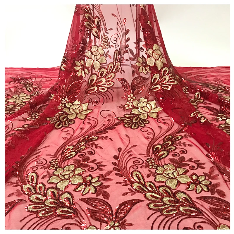 

Customized Luxurious Red And Gold Sequined Lace Clothings Material Big Flower Dubai Fabric Embroidery For Designer, 5 colors or customized