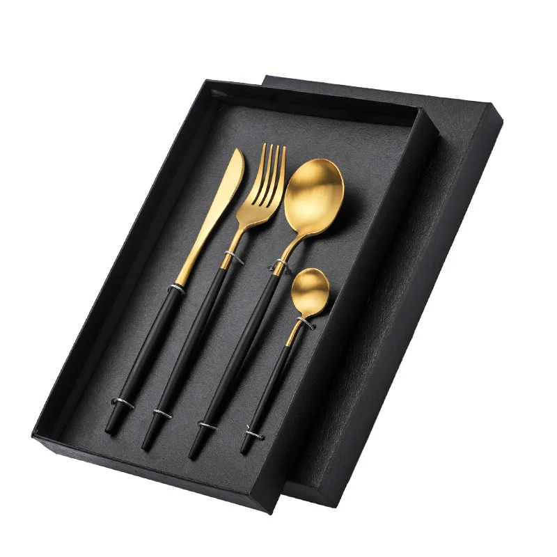 

Manufacturers Wholesale Kitchen Coffee Tea 4 Pcs Silverware Black Gift Box 304 Matt Gold Cutlery Set Stainless Steel