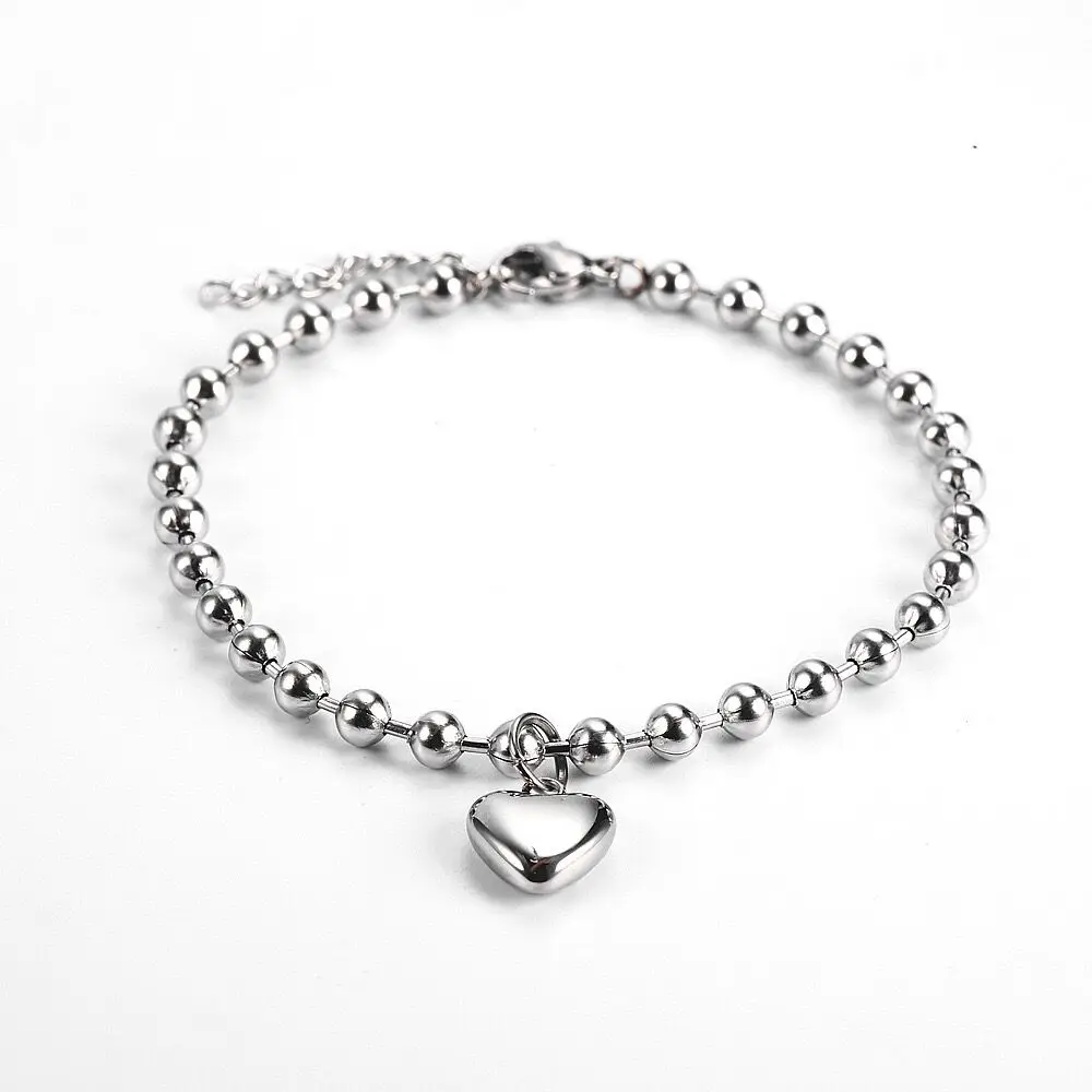 

Bead Chain Stainless Steel Bracelet Silver Plate Heart Charm Bracelet