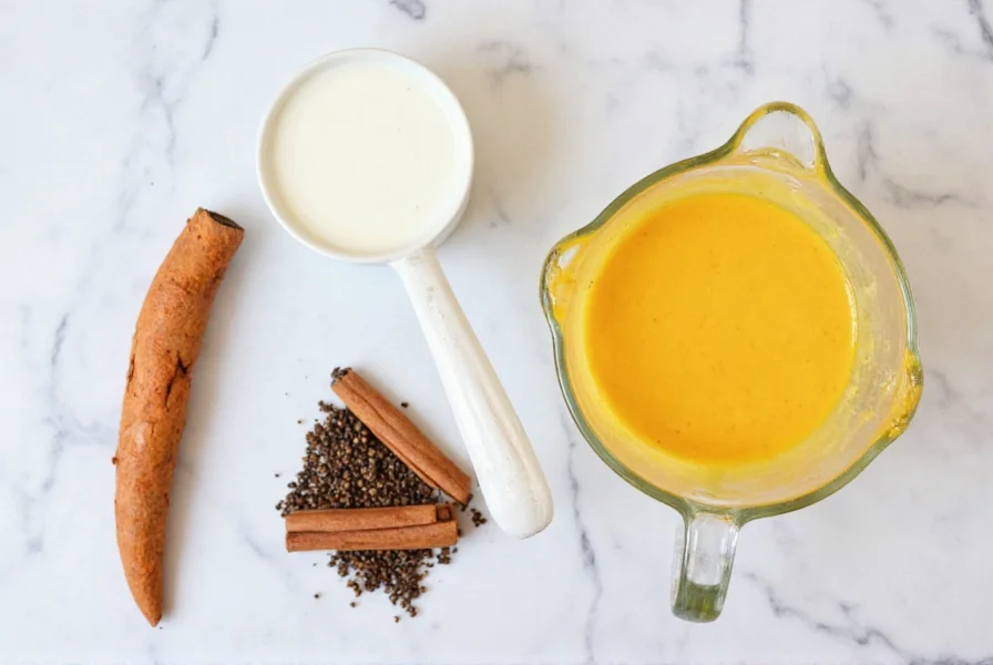 Turmeric root, black pepper, cinnamon sticks, and coconut milk arranged on marble surface for golden milk preparation