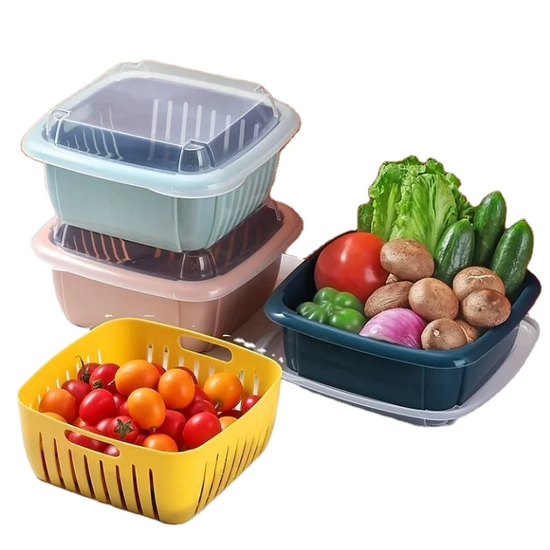 

Fruit and vegetable storage box basket refrigerator crisper Multifunctional double drain basket with lid