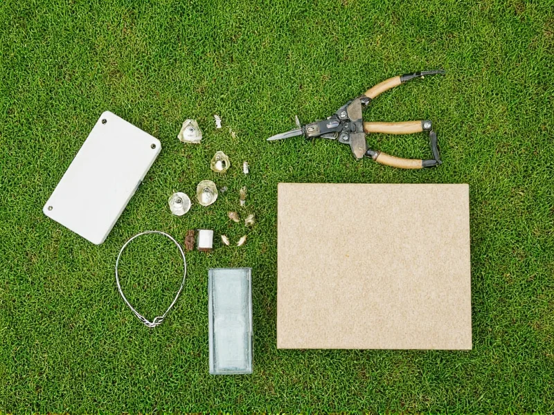 DIY shed kit components laid out on grass