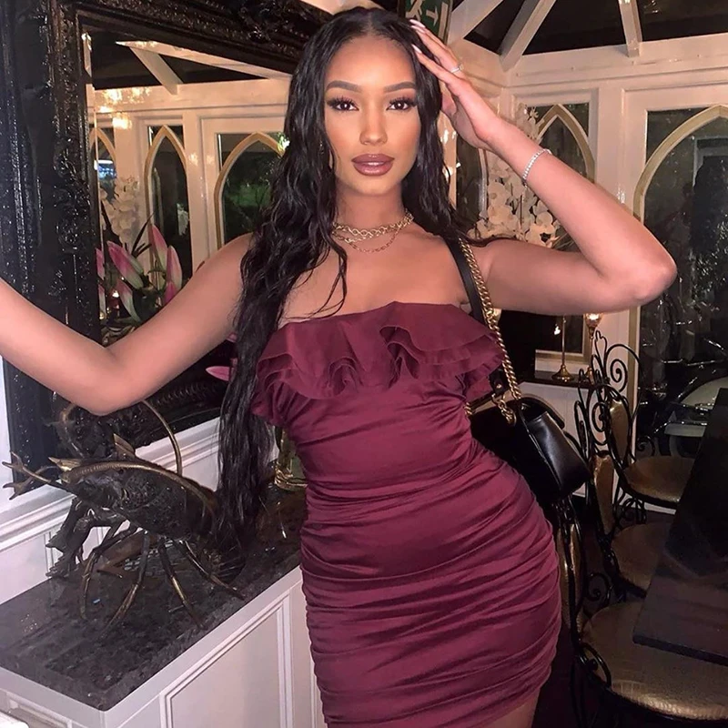 

KQ-116 Trendy sexy ruffle off shoulder bodycon dress women sleeveless halter dresses girls party backless mini dress, As picture