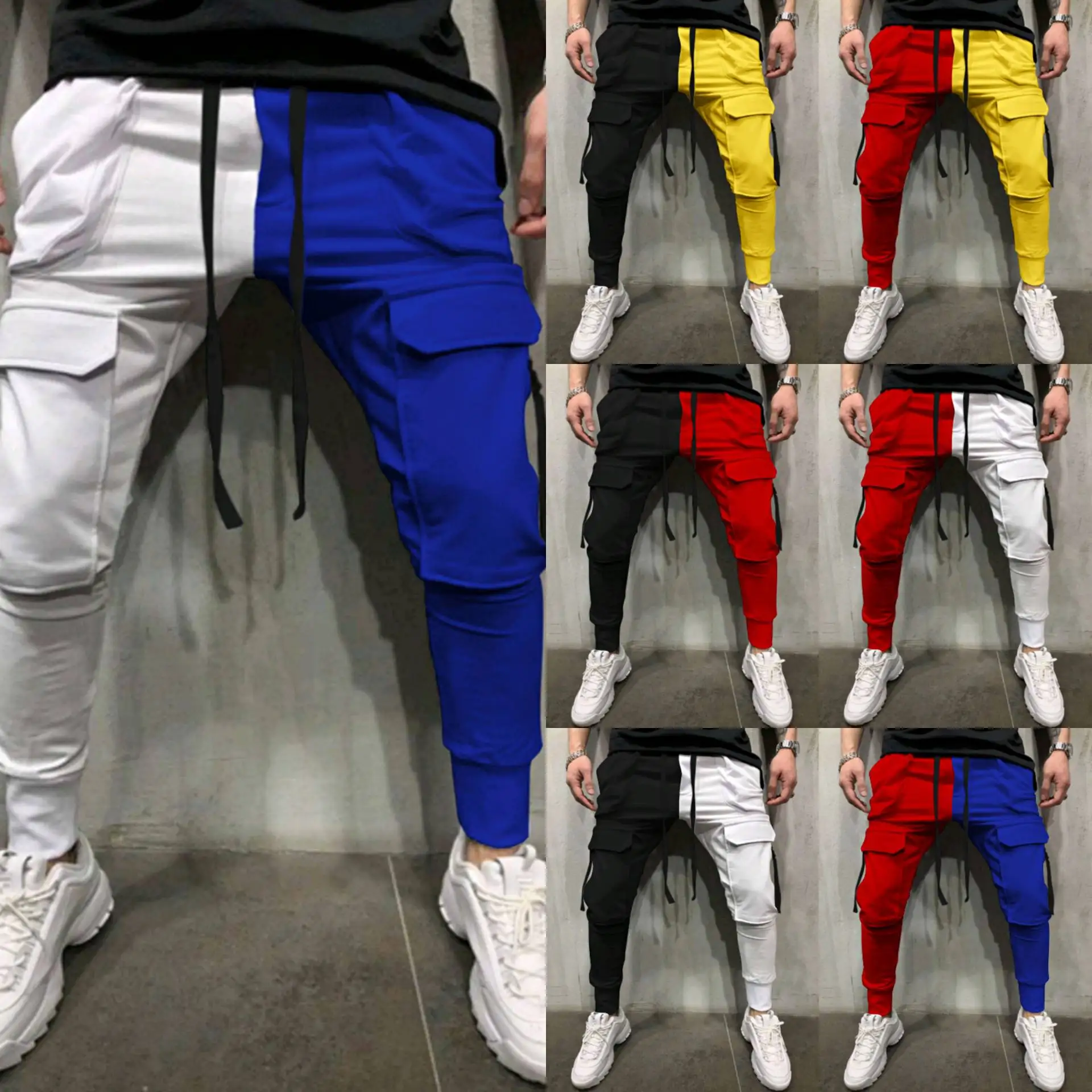 

TG Casual sports pants color matching casual fitness multi-pocket trousers elastic Male Track men's pants & trousers, Picture shows