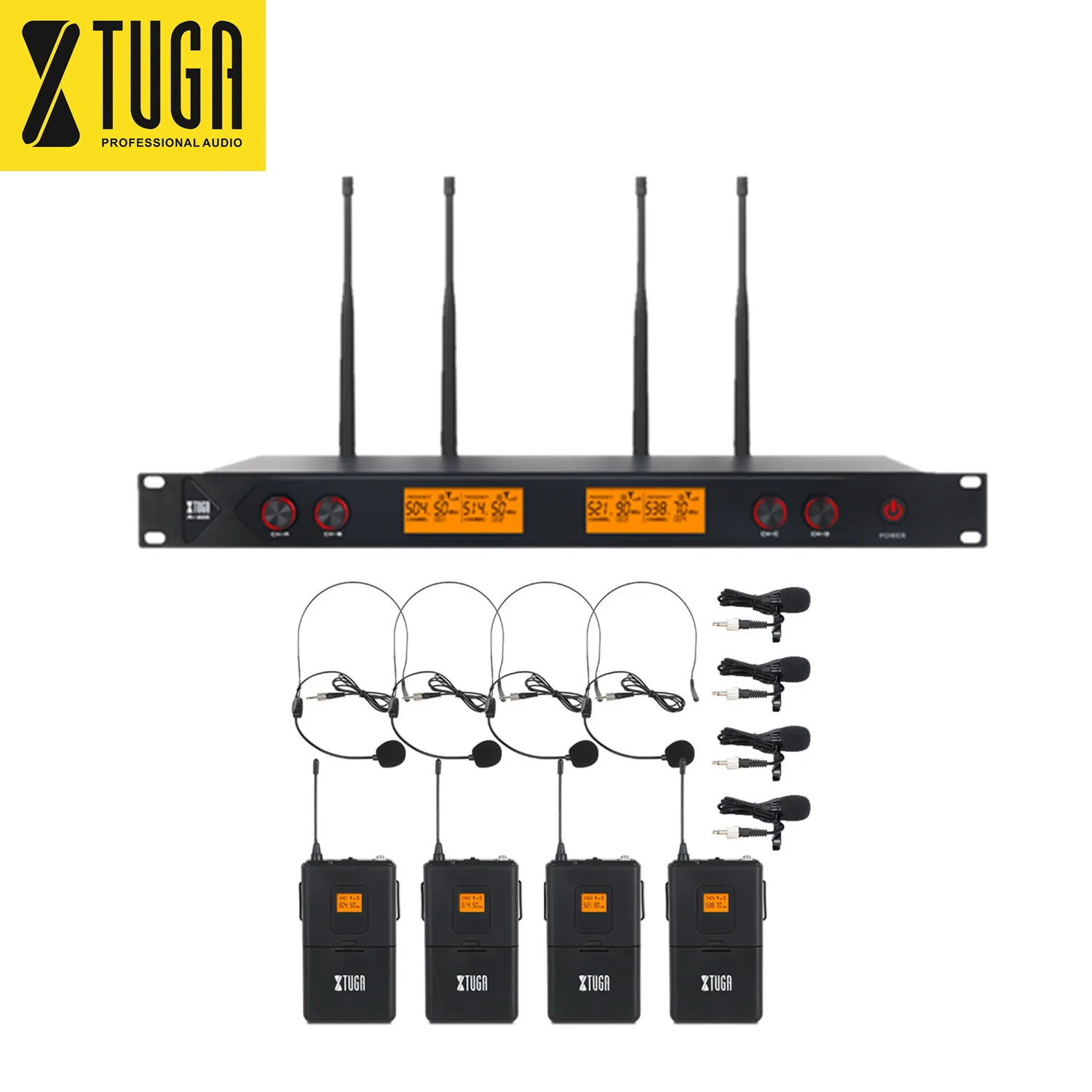 

4 Channels UHF Wireless Microphone Studio With 4 BodyPack For Stage, Black