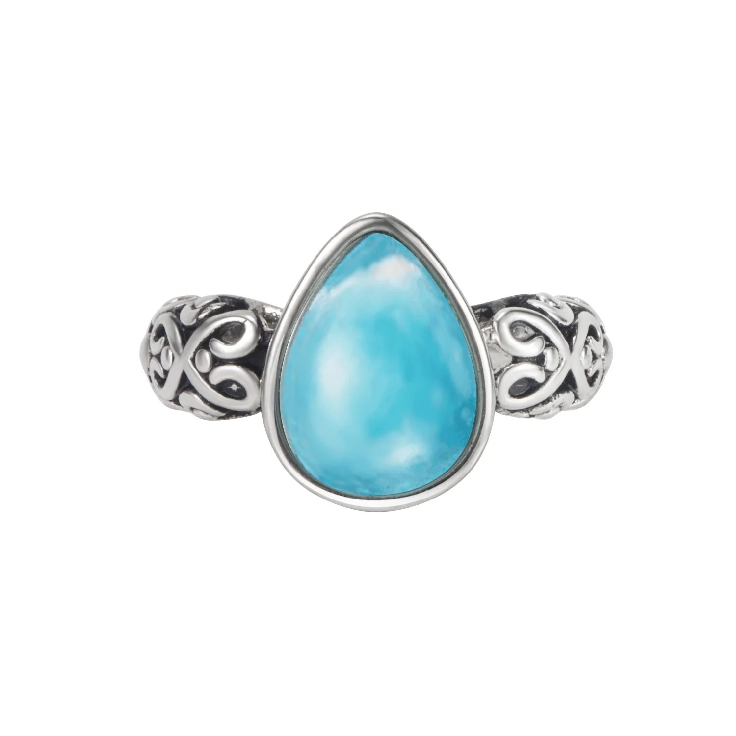 

Hot selling Hawaiian Sealife Wholesale Natural Larimar Gemstones Jewelry Antique Band Pear Cut Larimar Ring