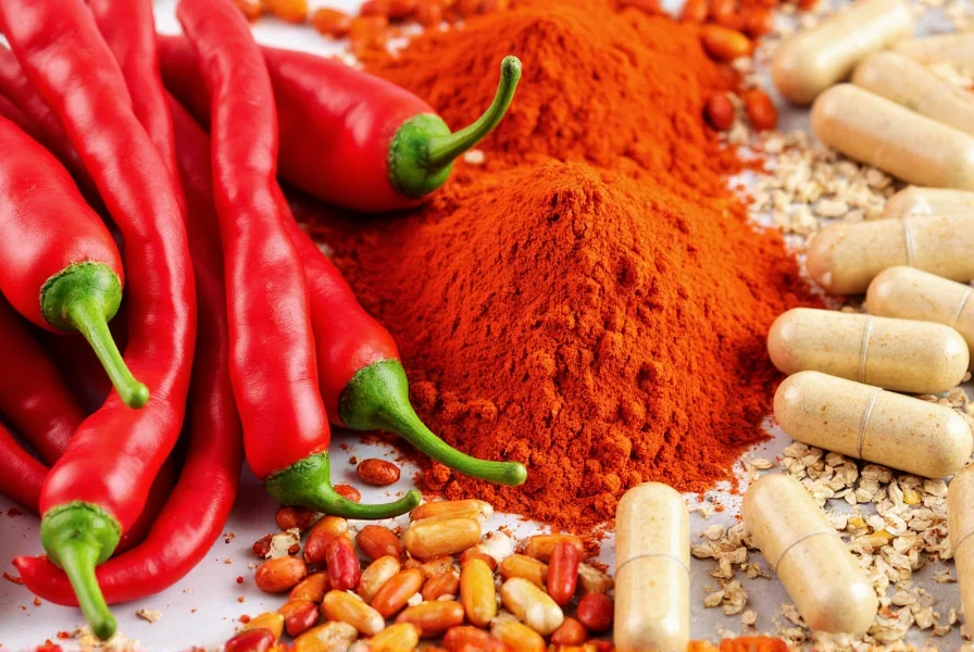 Cayenne pepper in various forms: whole peppers, powder, and capsules for health use