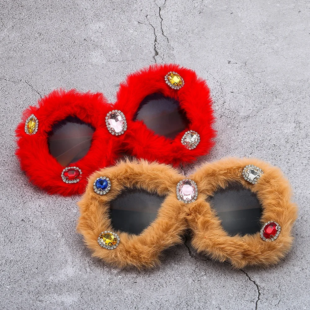 

LWS33858 Party Ins Style Shades Colorful Soft Furry Sun Glasses Big Round Rhinestone Fur Frame Sunglasses