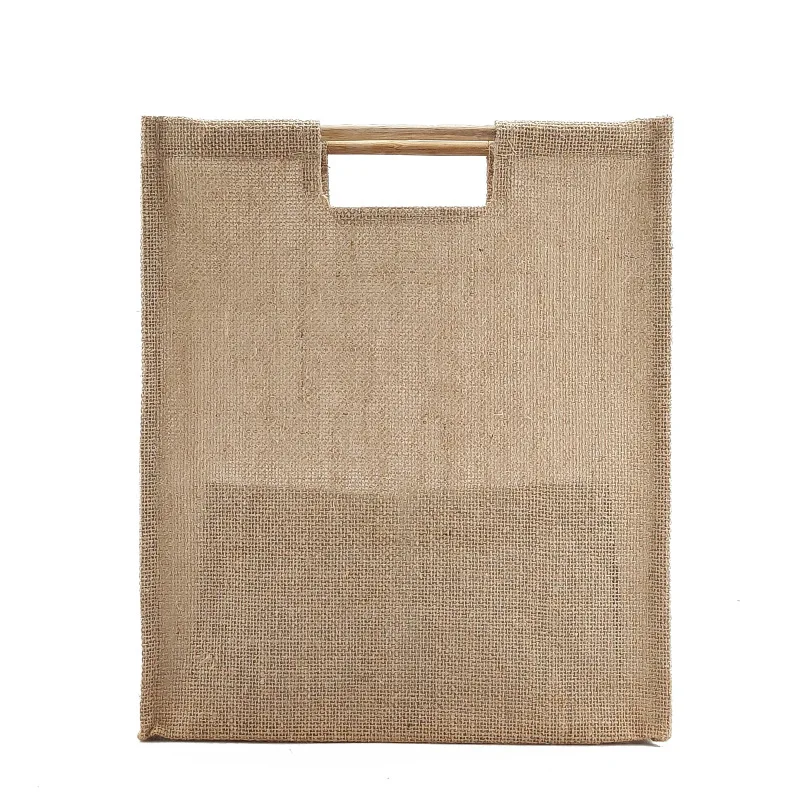

Manufacturer Designed Wooden Handle Beach Carry Bag Custom Printed Burlap Jute Bag Promotional Natural Tote Shopping Bag