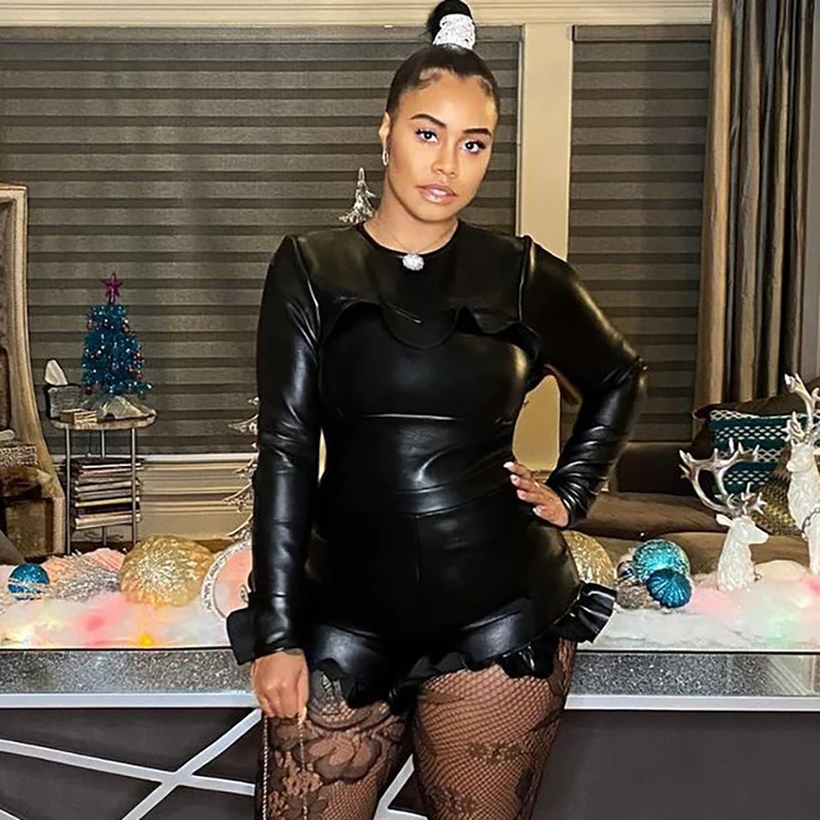 

PU Ruffled All Black Outfit Womens High Waist Shorts Set Leather 2 Piece Long Sleeve Top And Pants