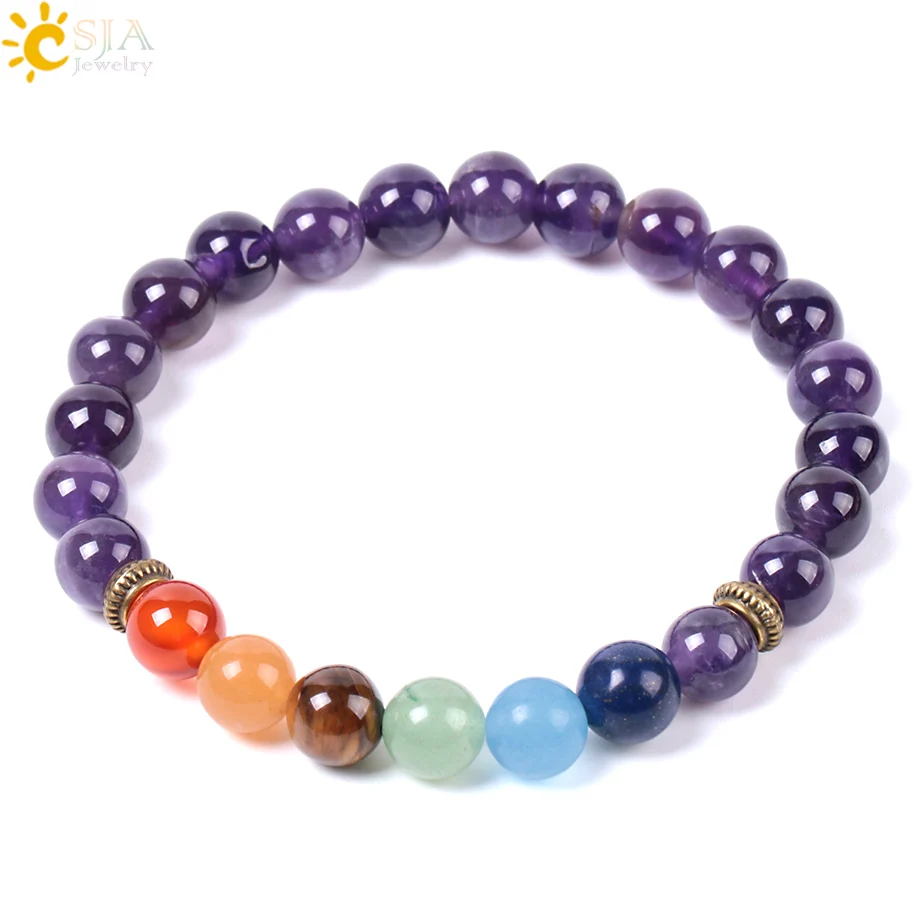

CSJA factory direct 8mm natural purple amethyst gemstone bead stretch bangle bracelet for women reiki healing jewelry E962