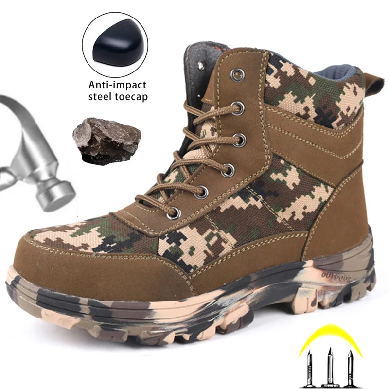 

Men Women Winter High Safety Shoes Camouflage Work Boots Safety Shoes Steel bag Head Anti-smashing Puncture Work Boots