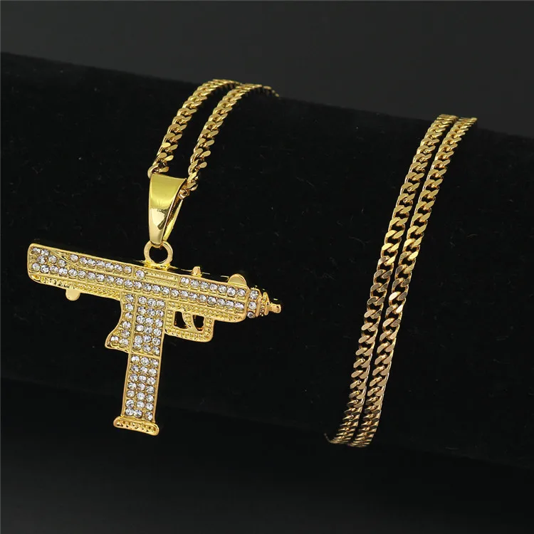 

Hip Hop Rhinestone Diamond Pistol Necklaces Staineless Steel Long Chain Gun Chain Necklace, Picture